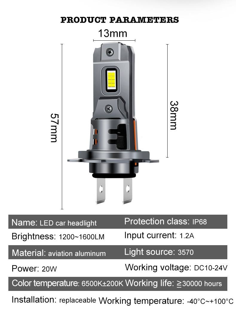 h7 led headlight mini size product parameters