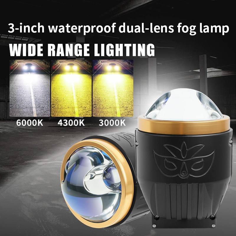 Wholesale 3 inch Tri-color Dual Direct Car Bi Laser LED Projector Lens Fog Light 12V 75W For Toyota Honda Universal Fog Lamp Retrofit