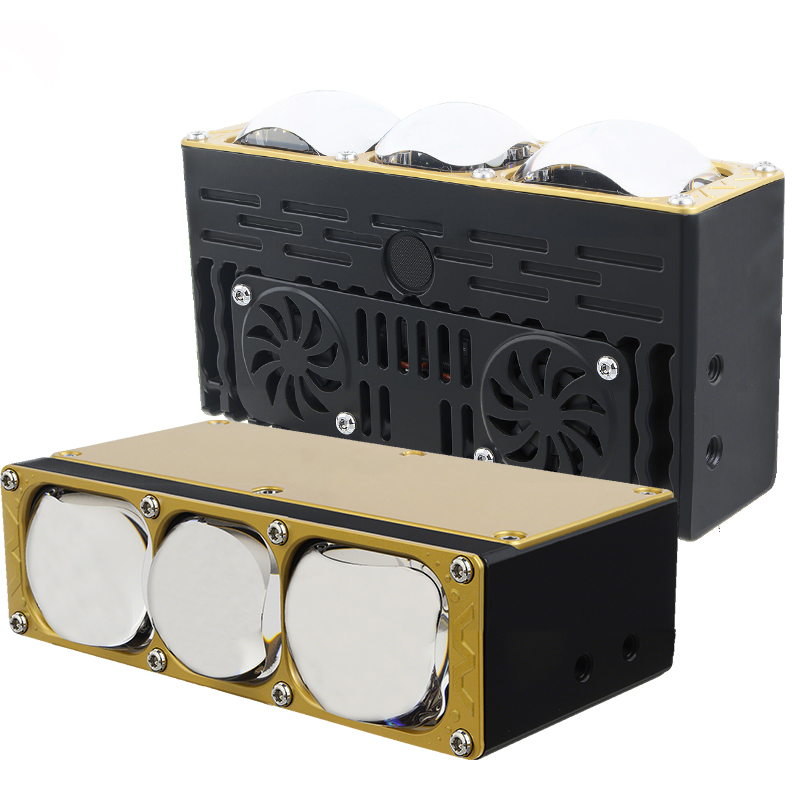 170W Car Spotlights 3 Eyes Blue Lens Bi Led Grille Lights with DRL Fan Driving Fog Work Light External Auxiliary Lights Off-road Vehicle Truck