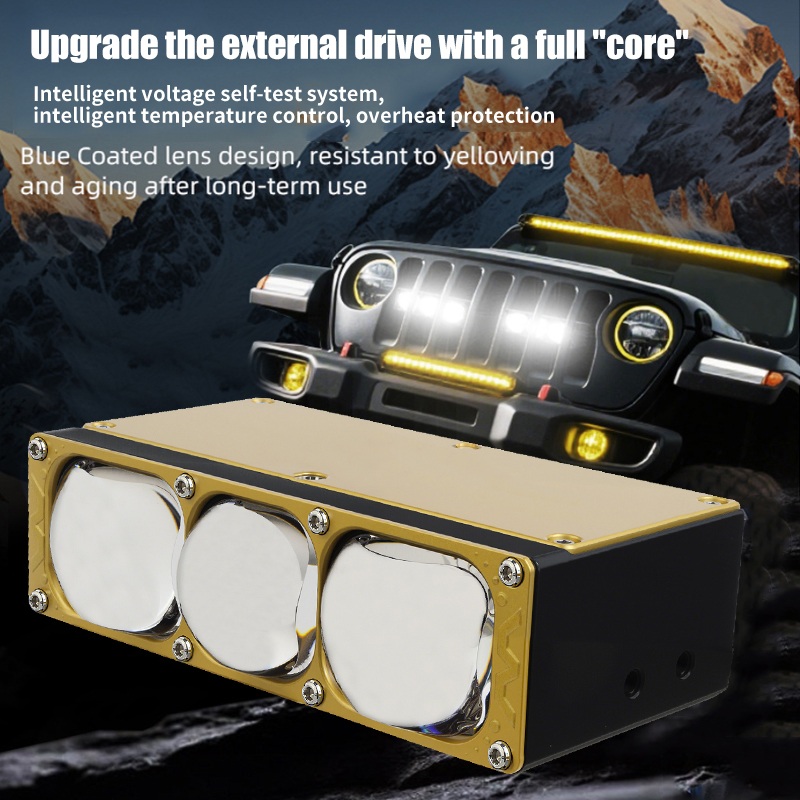 170W Car Spotlights 3 Eyes Blue Lens Bi Led Grille Lights with DRL Fan Driving Fog Work Light External Auxiliary Lights Off-road Vehicle Truck