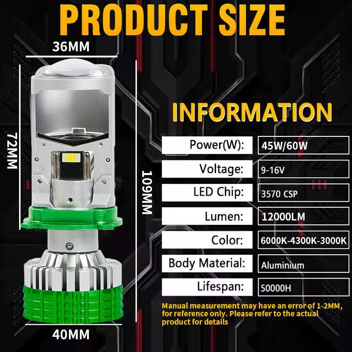 T90 Tricolor Series | 12V 6000K 4300K 3000K 3-color LED Headlight Bulbs with with Projector Lens