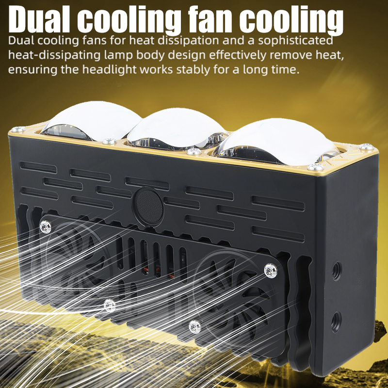 170W Car Spotlights 3 Eyes Blue Lens Bi Led Grille Lights with DRL Fan Driving Fog Work Light External Auxiliary Lights Off-road Vehicle Truck