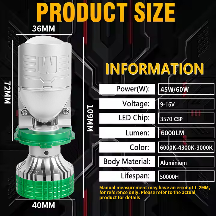 Color Changing 6000K 4300K 3000K 3-color Mini Projector Lens LED Headlight Bulbs With Remote Control